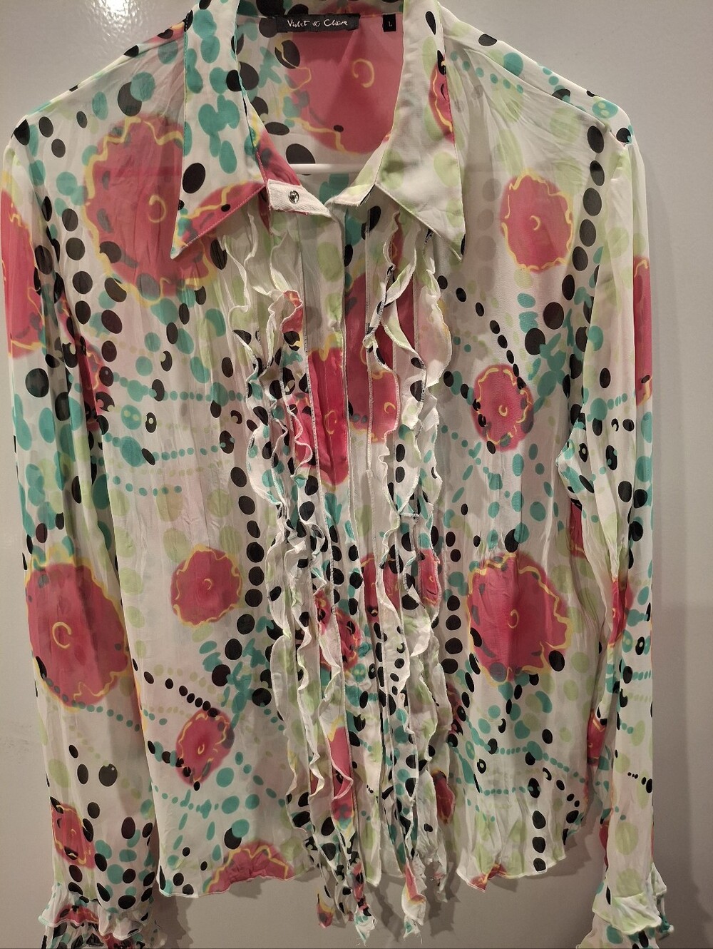 Violet & Claire White Sheer Ruffle Front Blouse with Pink & Teal Floral Print